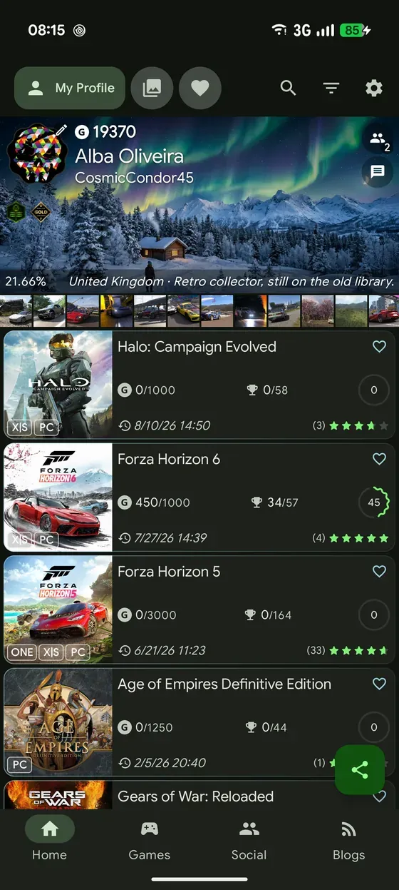 The Achievements for XBOX profile screen: gamerscore and completion over a profile background, a strip of recent captures, and the game library below it.