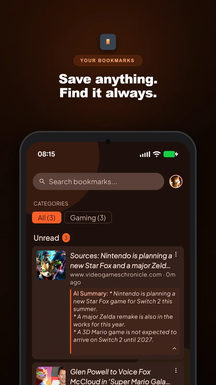 Bookmark list with search, category filters and an Unread count, one saved article expanded to show its AI summary