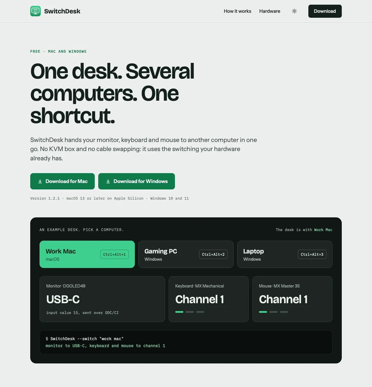 Switch-Desk site hero in light theme with an example desk, Work Mac selected, monitor on USB-C and keyboard and mouse on channel 1