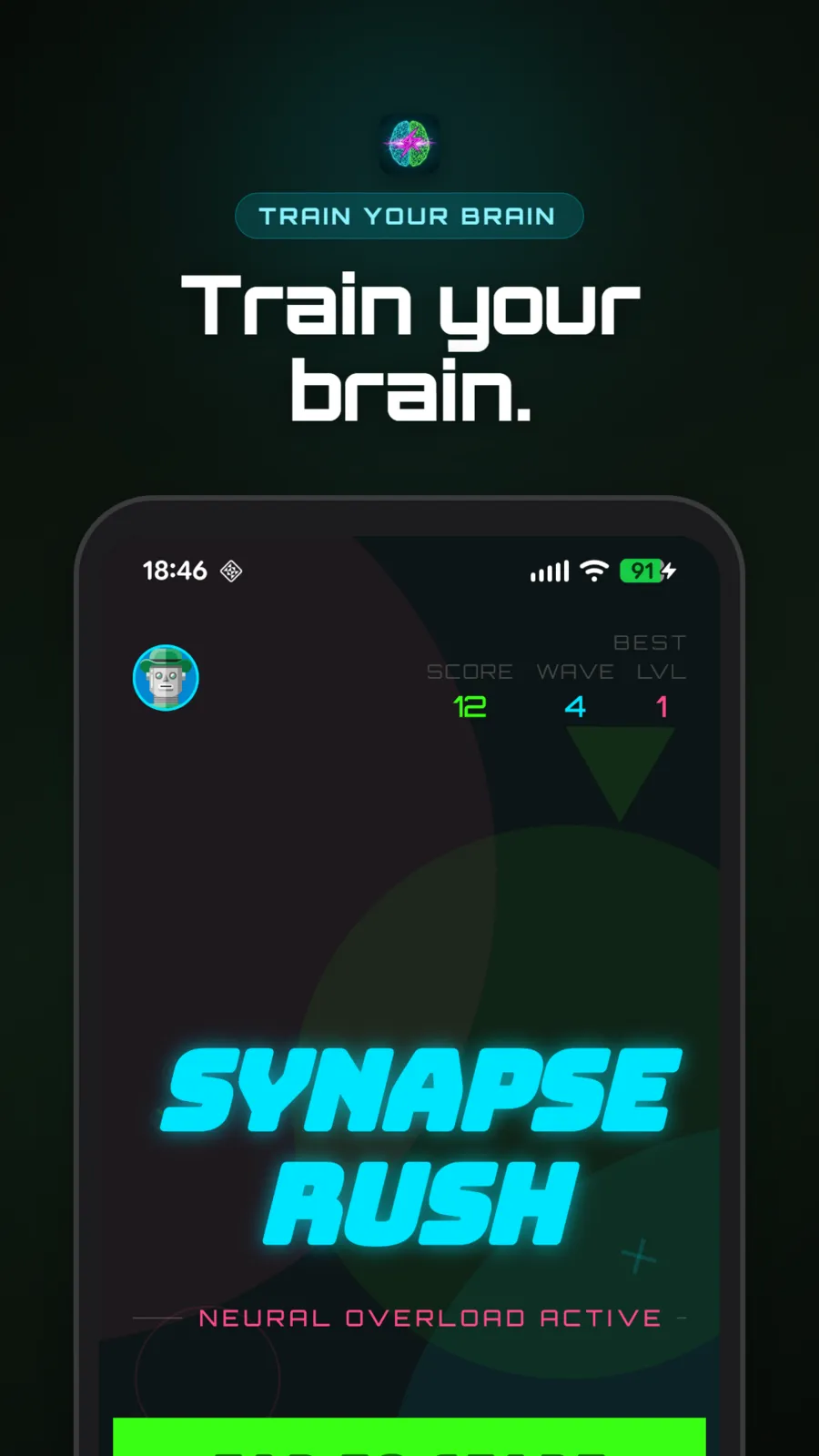Synapse Rush home screen with the neon logo and the best score, wave and level, captioned “Train your brain.”