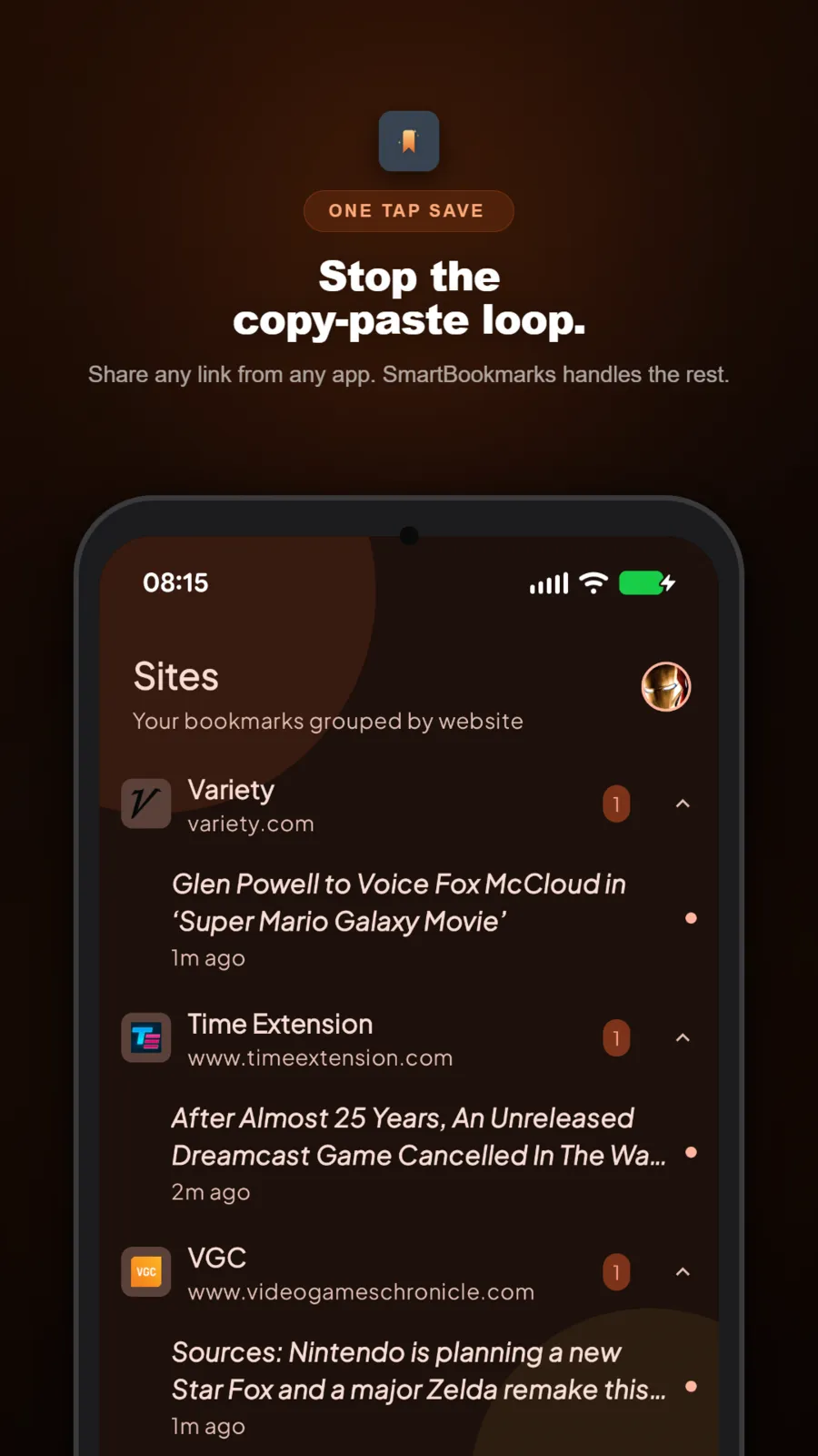 Sites view grouping saved bookmarks by website, each site with its unread count