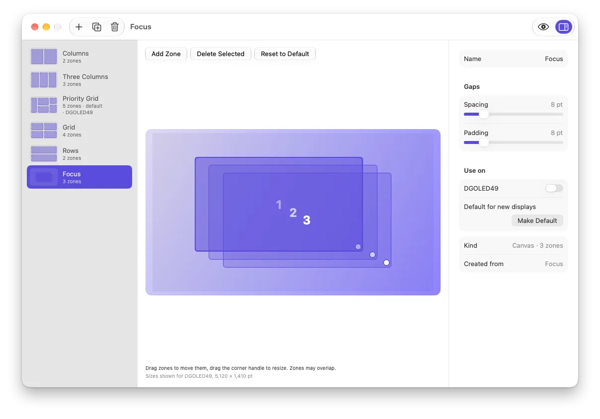 The layout editor with a canvas layout of three overlapping zones and the layout's spacing, padding and display settings