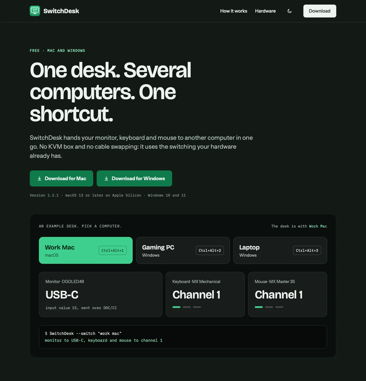 Switch-Desk site hero in dark theme with an example desk, Work Mac selected, monitor on USB-C and keyboard and mouse on channel 1