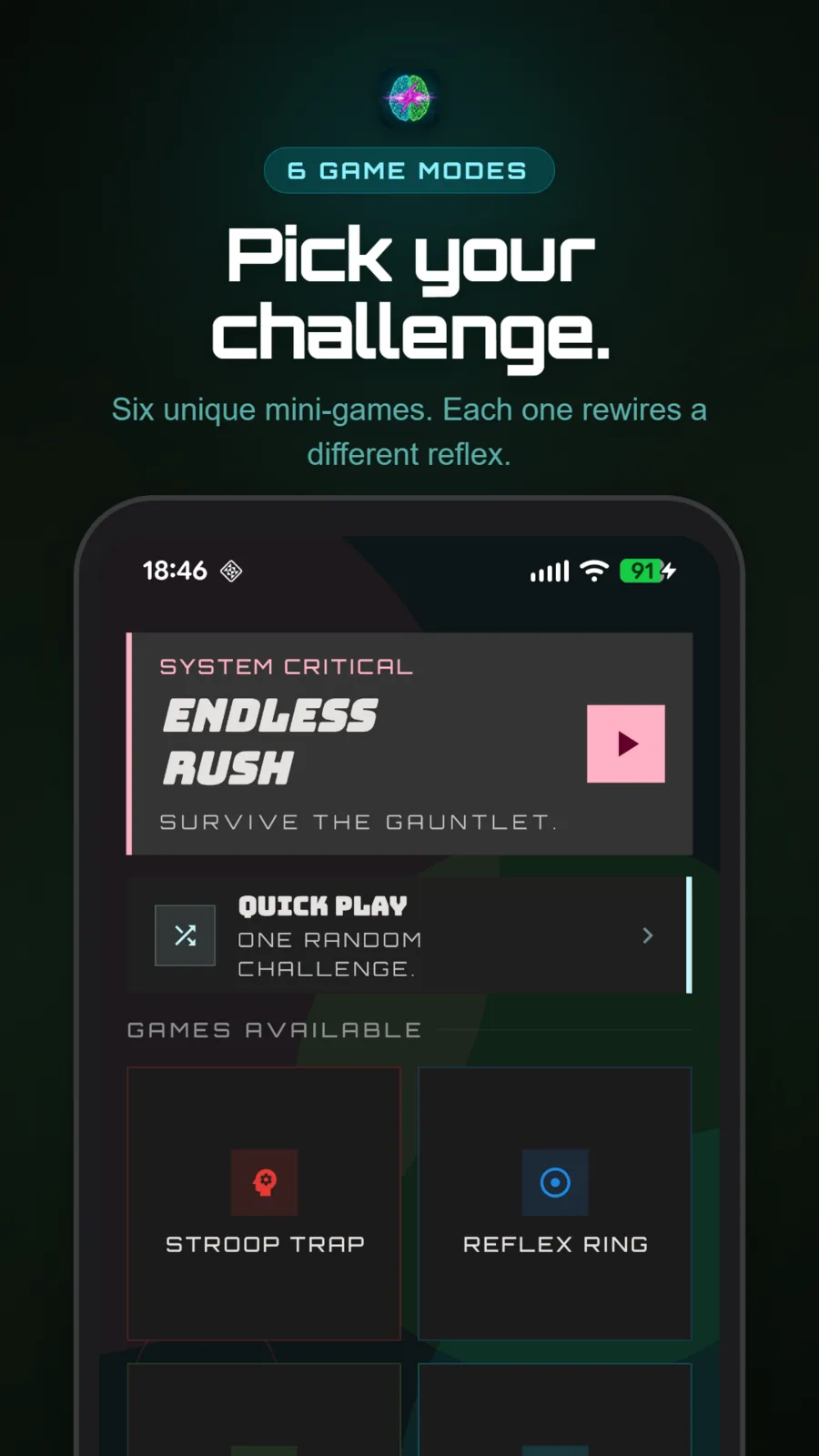 Mode picker with Endless Rush, Quick Play and the list of available mini-games, captioned “Pick your challenge.”