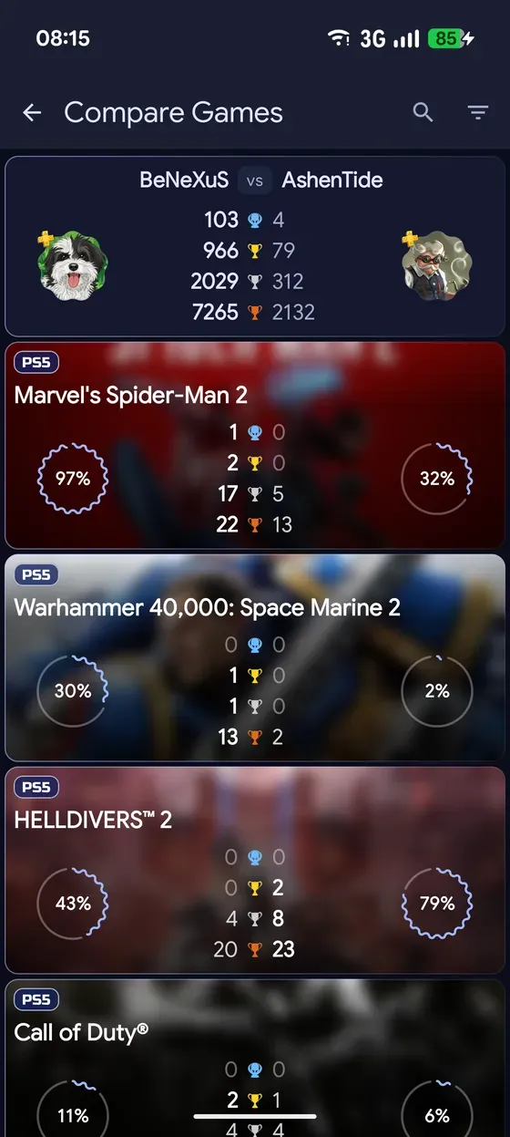 Two players' libraries compared side by side, game by game, with each player's completion percentage