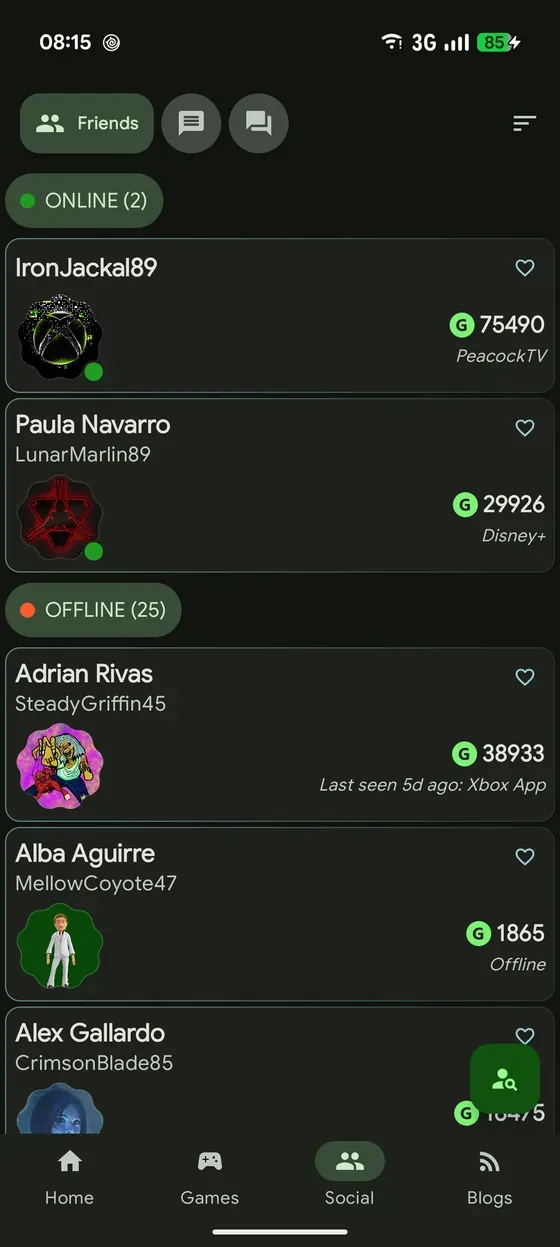 The friends list, grouped into online and offline, each row showing gamerscore and what that person is in right now.