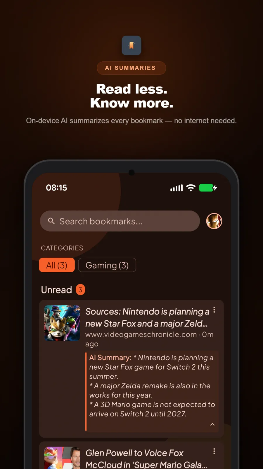 A saved news article with its on-device AI summary shown as bullet points