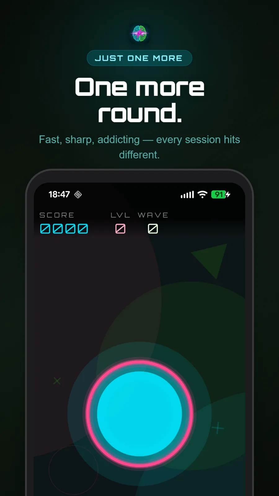 Reflex Ring mid-round: a pink ring shrinks toward the cyan target circle, captioned “One more round.”