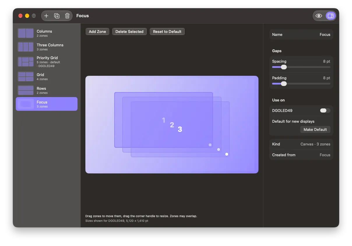 The layout editor with a canvas layout of three overlapping zones and the layout's spacing, padding and display settings