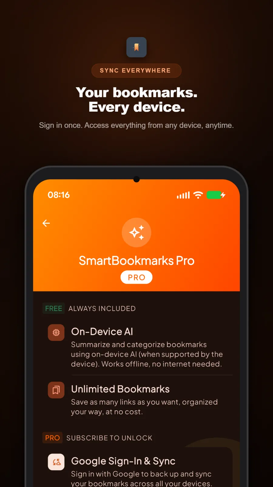 Smart Bookmarks Pro screen listing free on-device AI and unlimited bookmarks, and Google sign-in and sync with PRO
