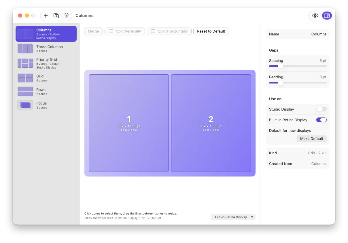 The layout editor with two displays attached, the built-in display using its own two-column layout