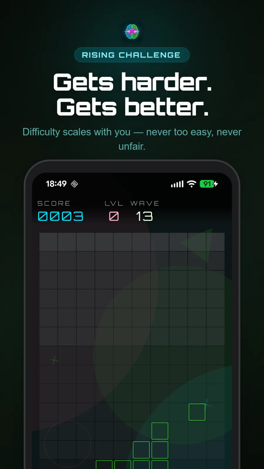 Neon Stacker at wave 13, glowing blocks stacked on a grid, captioned “Gets harder. Gets better.”