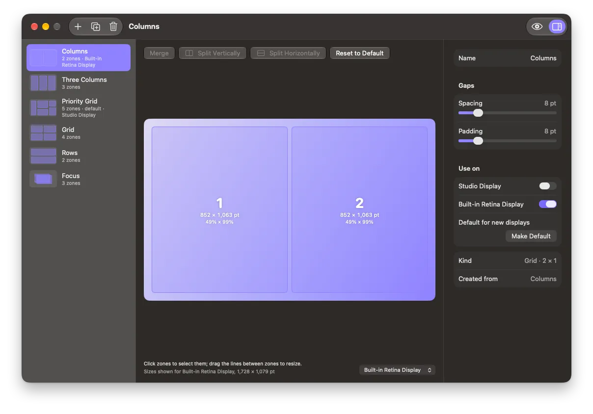 The layout editor with two displays attached, the built-in display using its own two-column layout