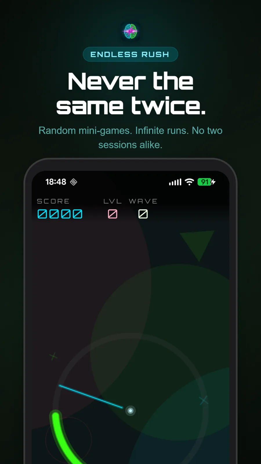Rotor Dash in Endless Rush: a spinning hand sweeps toward a green target arc, captioned “Never the same twice.”
