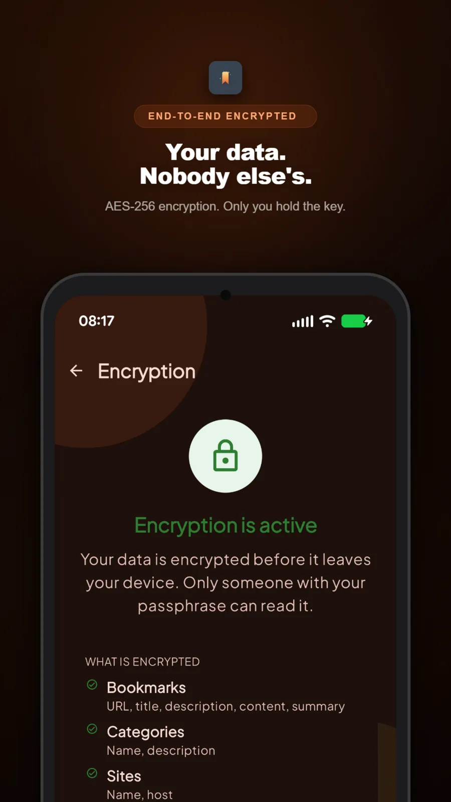 Encryption screen confirming encryption is active and listing what is encrypted, including bookmarks, categories and sites