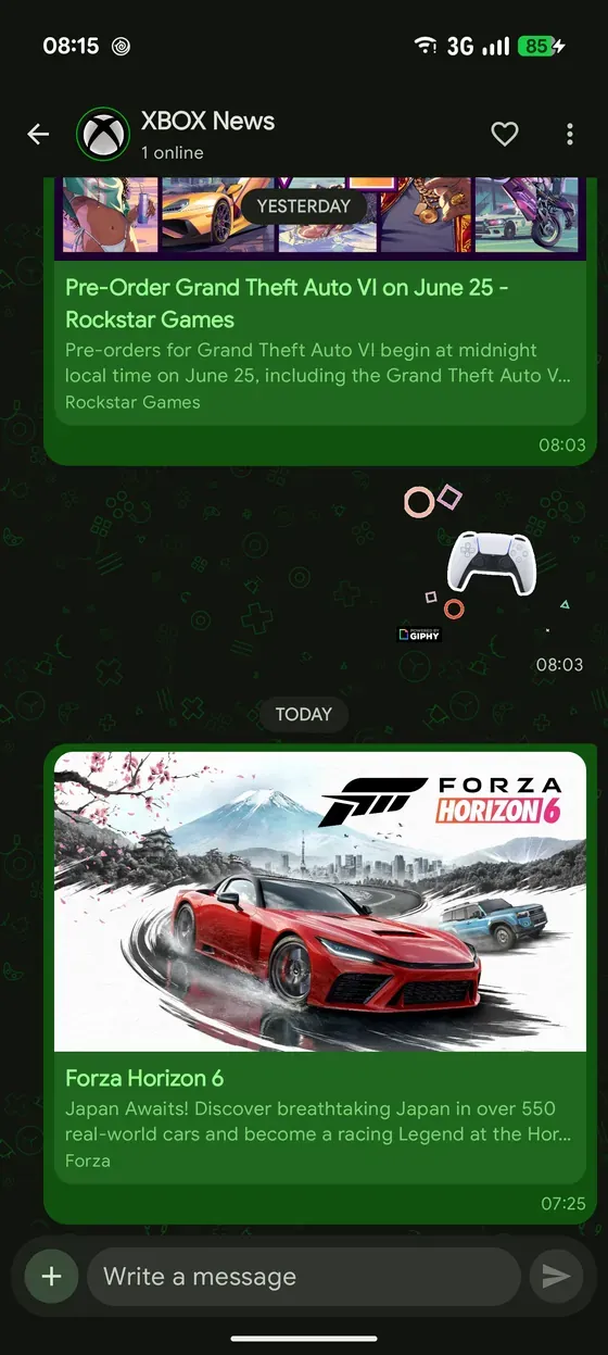 A community thread, with posts that unfurl links into preview cards, a sticker, and the message box at the bottom.