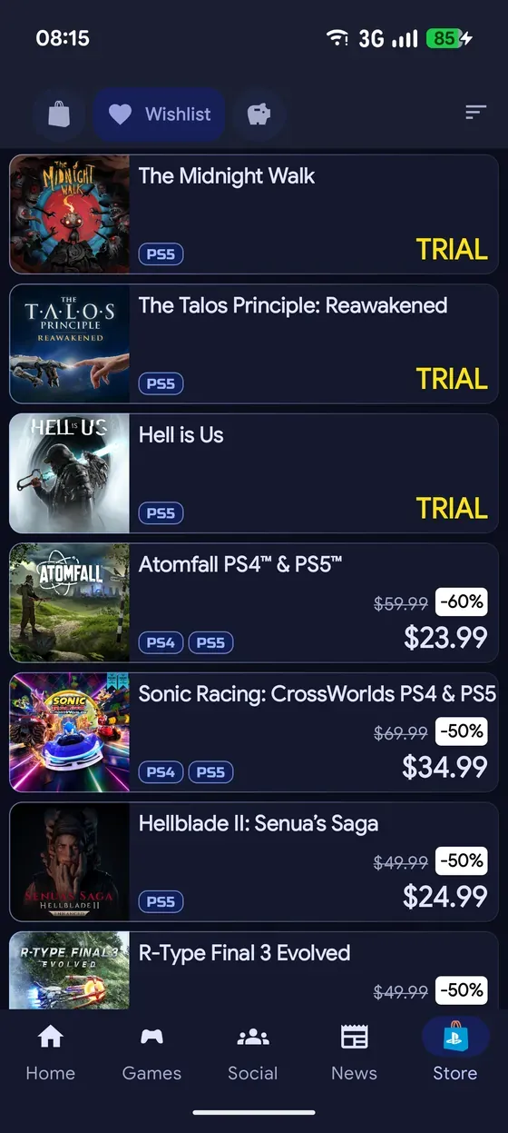 Wishlist of PlayStation Store games showing discounts, original and sale prices, and free trials