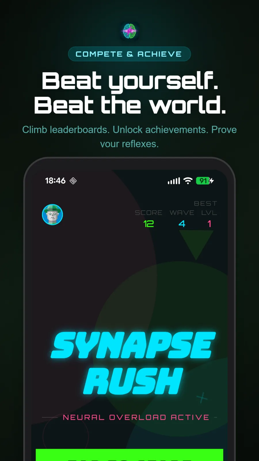 Home screen showing the player's best score, wave and level, captioned “Beat yourself. Beat the world.”
