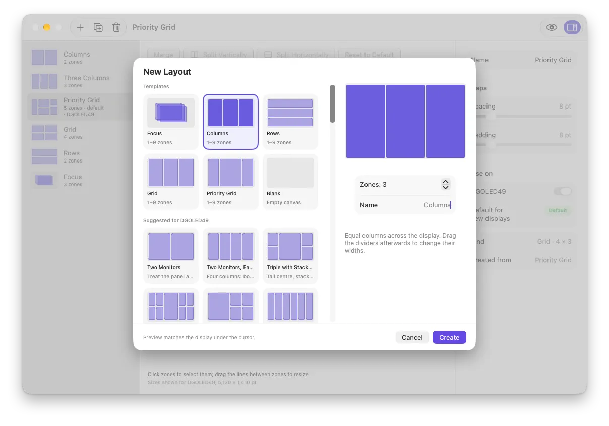 The New Layout sheet with the Focus, Columns, Rows, Grid, Priority Grid and Blank templates and presets suggested for the display