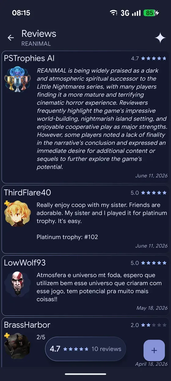 Game reviews from other trophy hunters, topped by an AI summary of what players say about the game