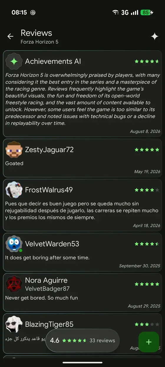 Player reviews for a game, led by an AI summary of what everybody said, with the overall rating and review count.
