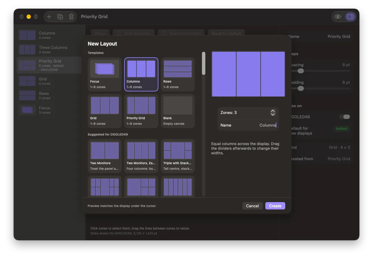 The New Layout sheet with the Focus, Columns, Rows, Grid, Priority Grid and Blank templates and presets suggested for the display
