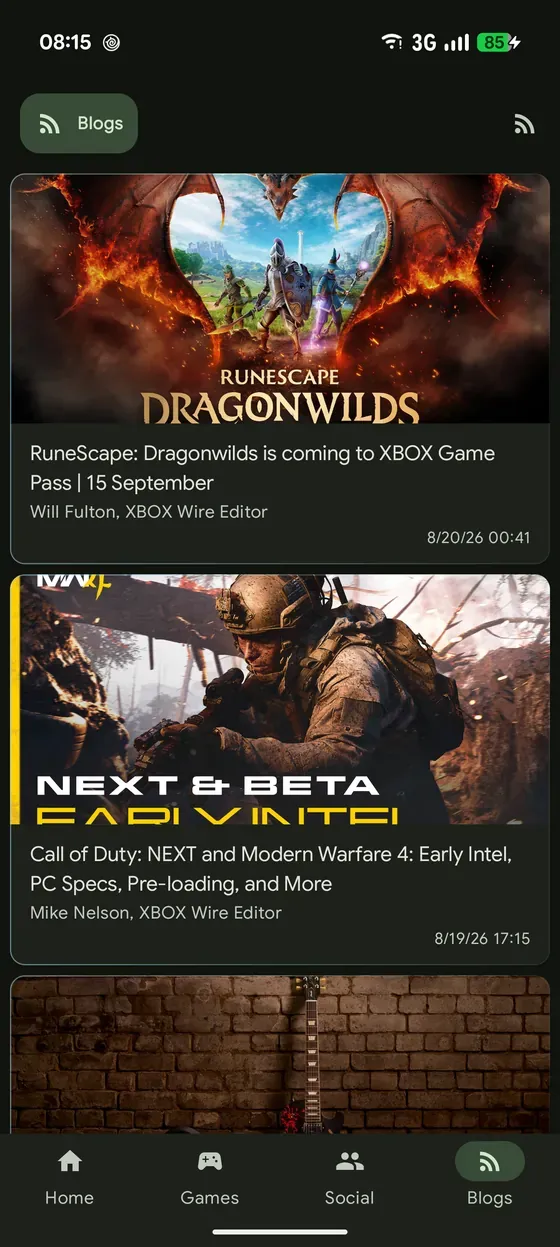 Xbox news articles in a feed, each with its headline, author and date.