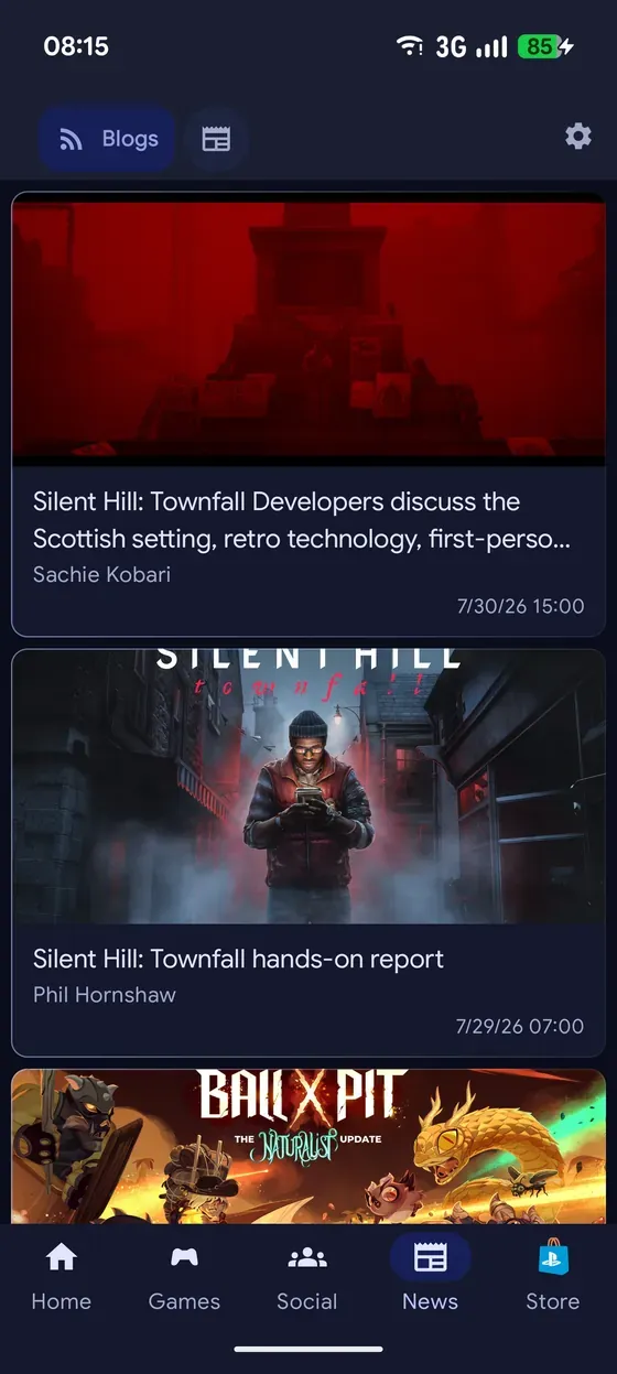 News feed of PlayStation blog posts with headline images